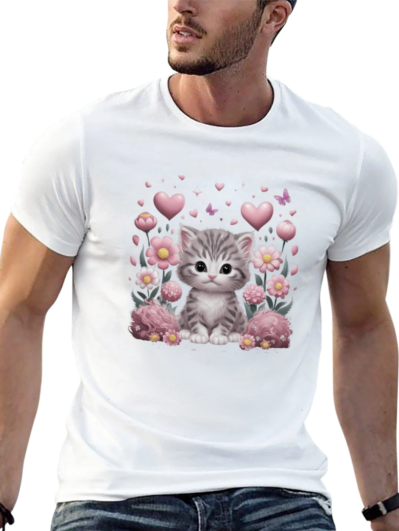 Cute Kitten Floral Heart T-Shirt