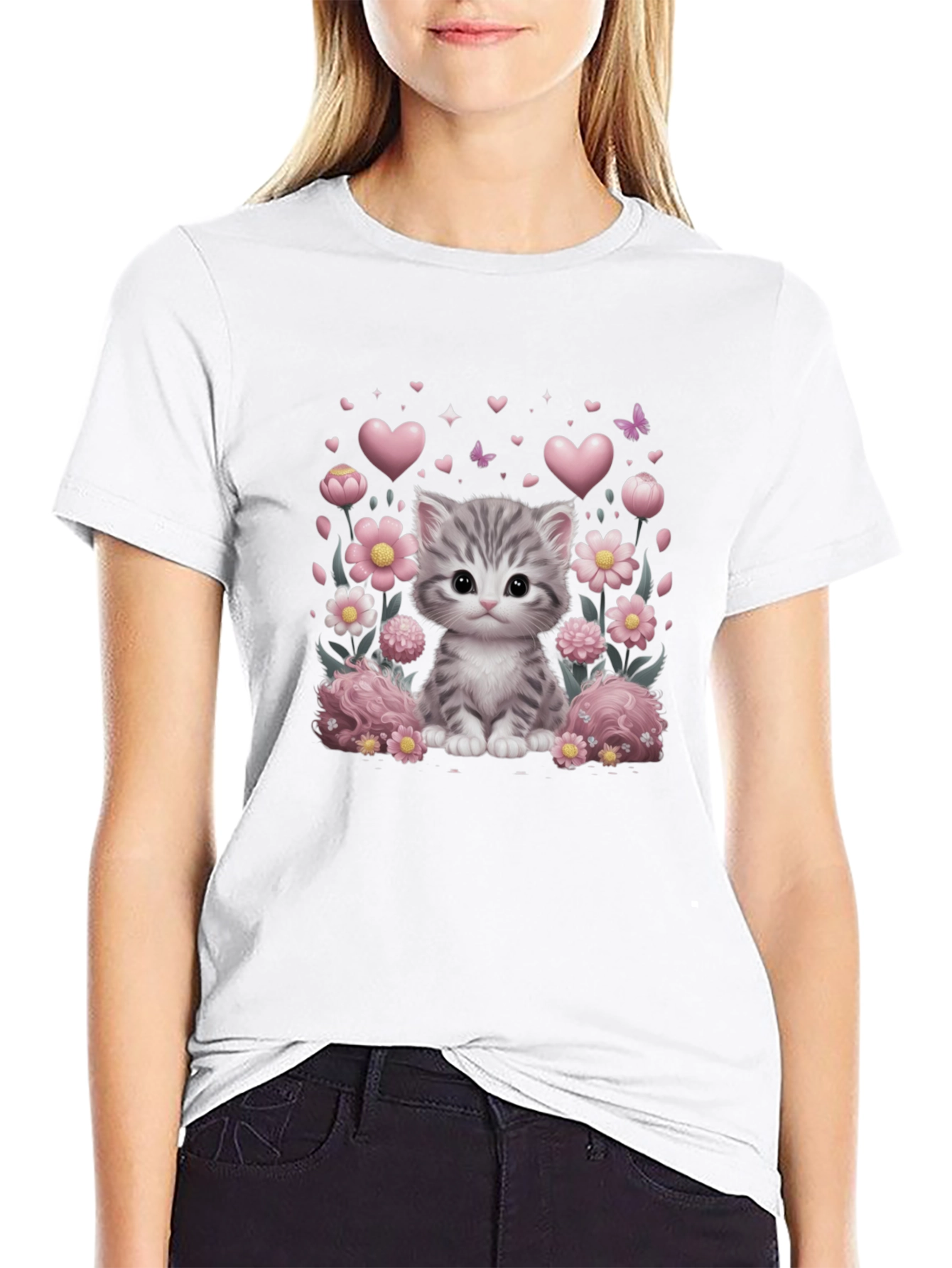 Cute Kitten Floral Heart T-Shirt