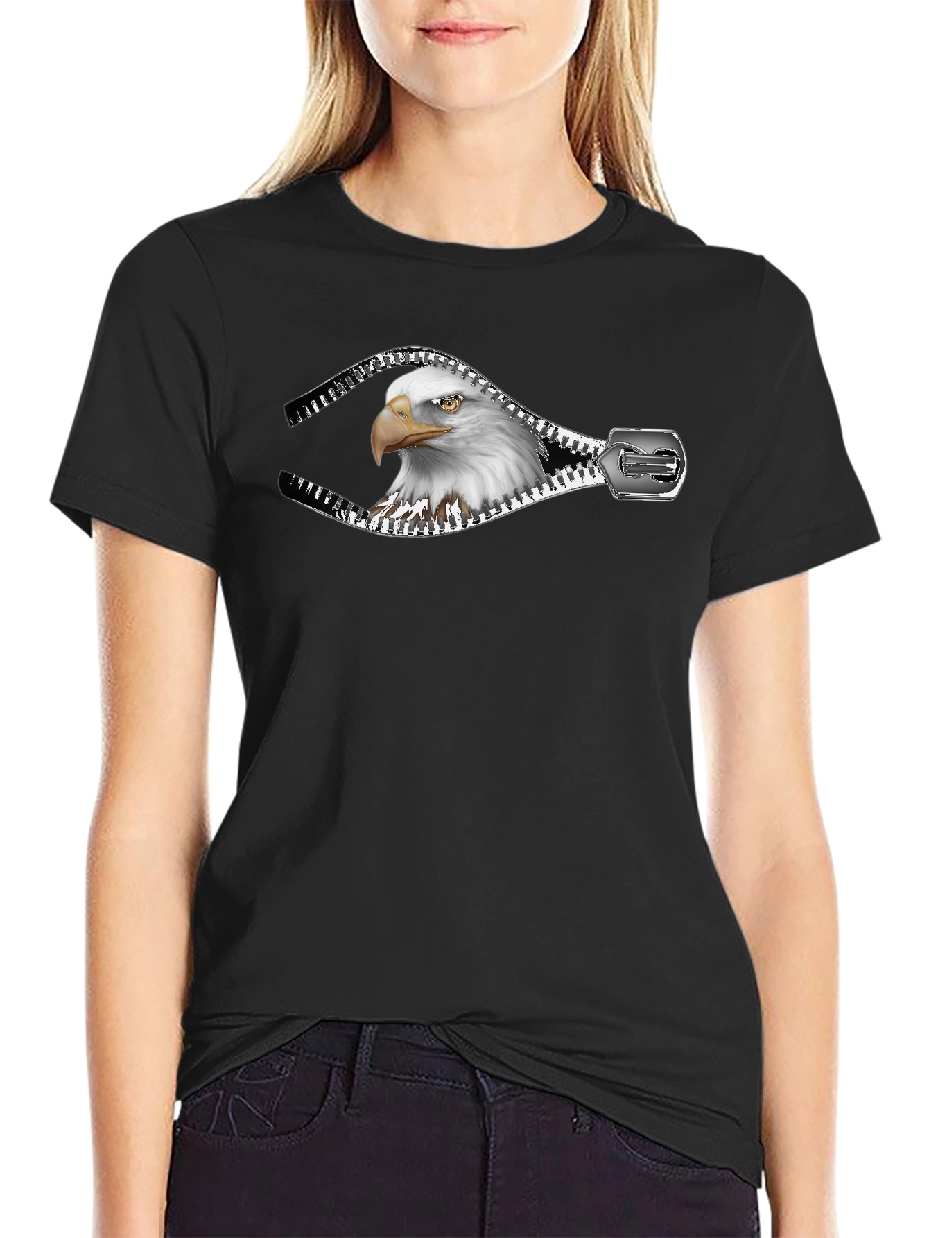 Eagle Zipper Graphic Print Mens Black T-Shirt