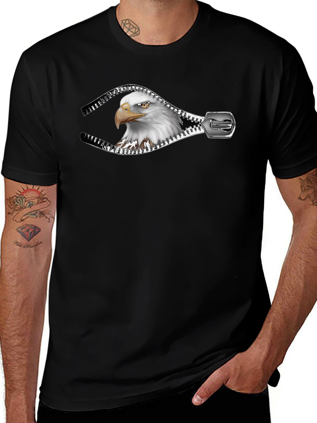 Eagle Zipper Graphic Print Mens Black T-Shirt