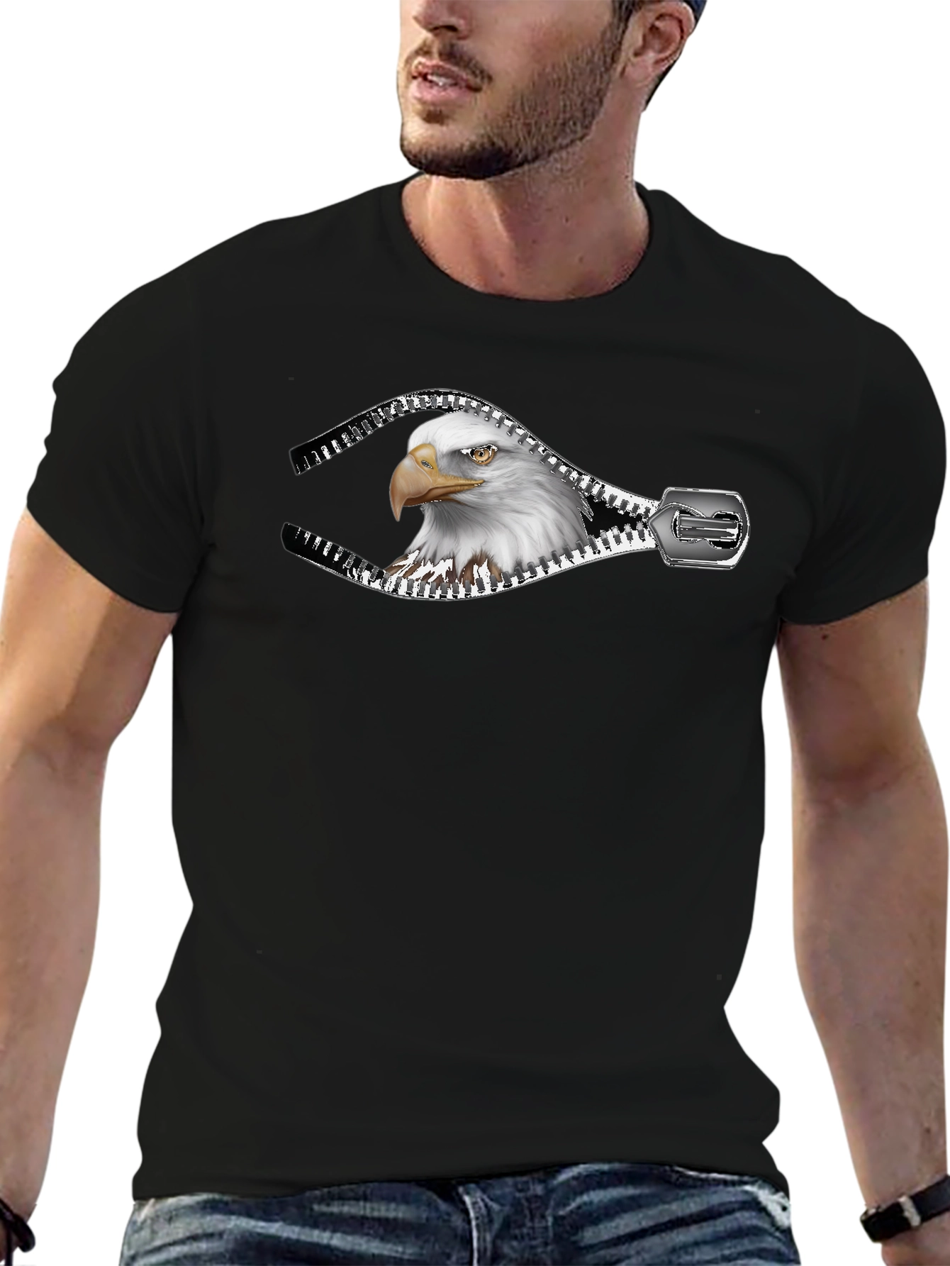 Eagle Zipper Graphic Print Mens Black T-Shirt