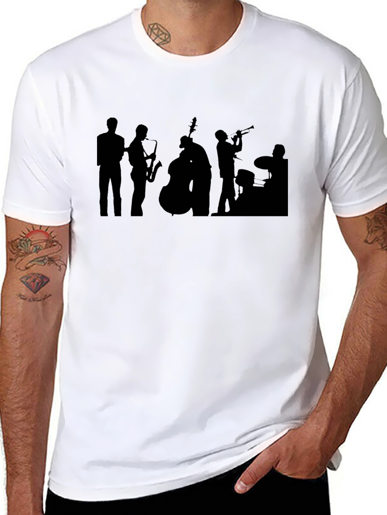 Jazz Band Silhouette Graphic Tee - Black Cotton