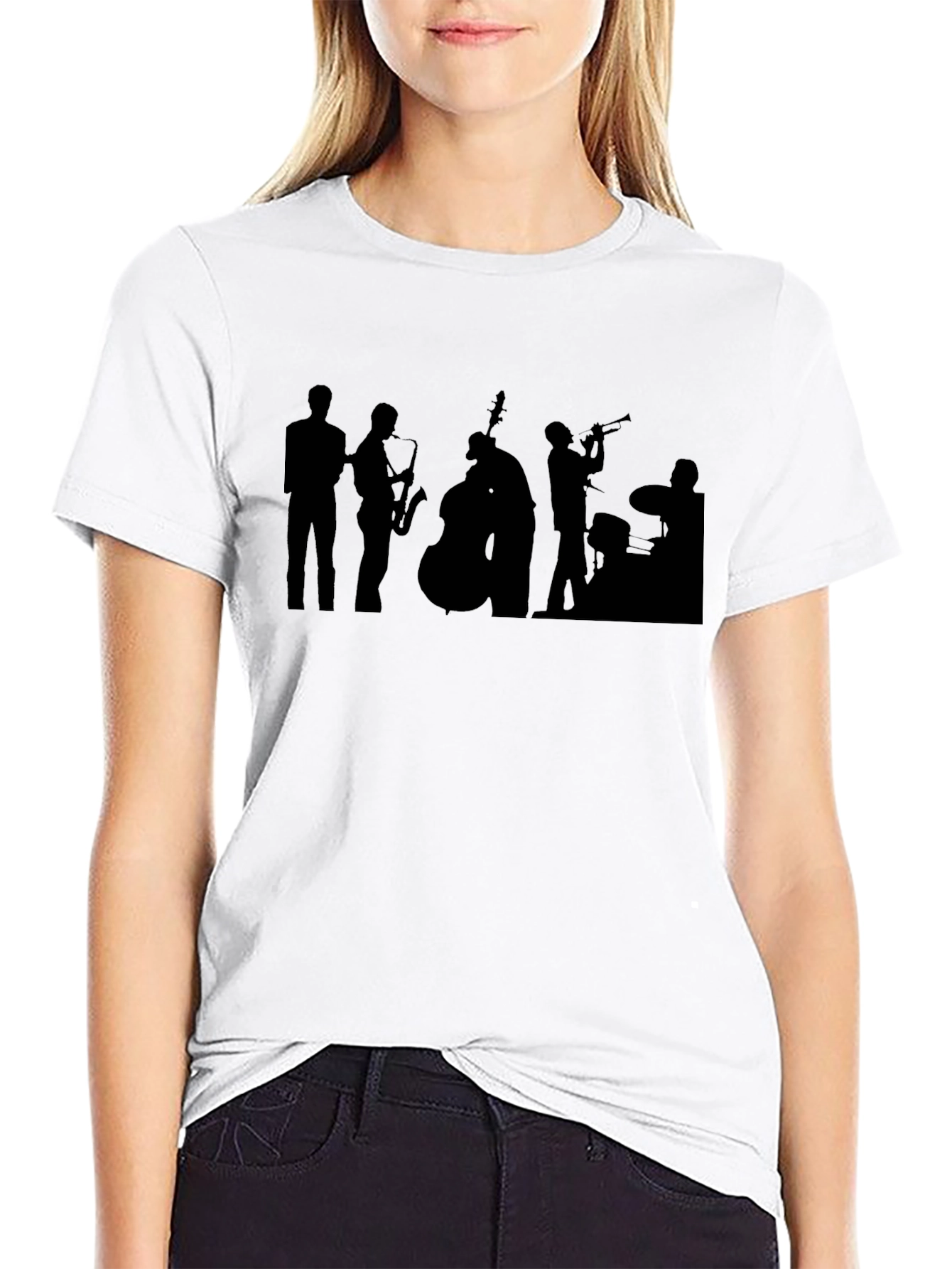 Jazz Band Silhouette Graphic Tee - Black Cotton