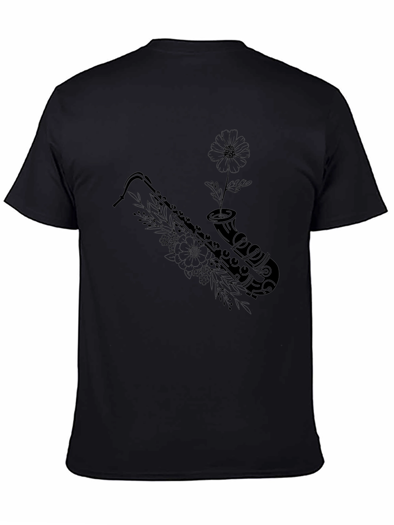 Saxophone Flower Graphic Tee - Black Casual Top