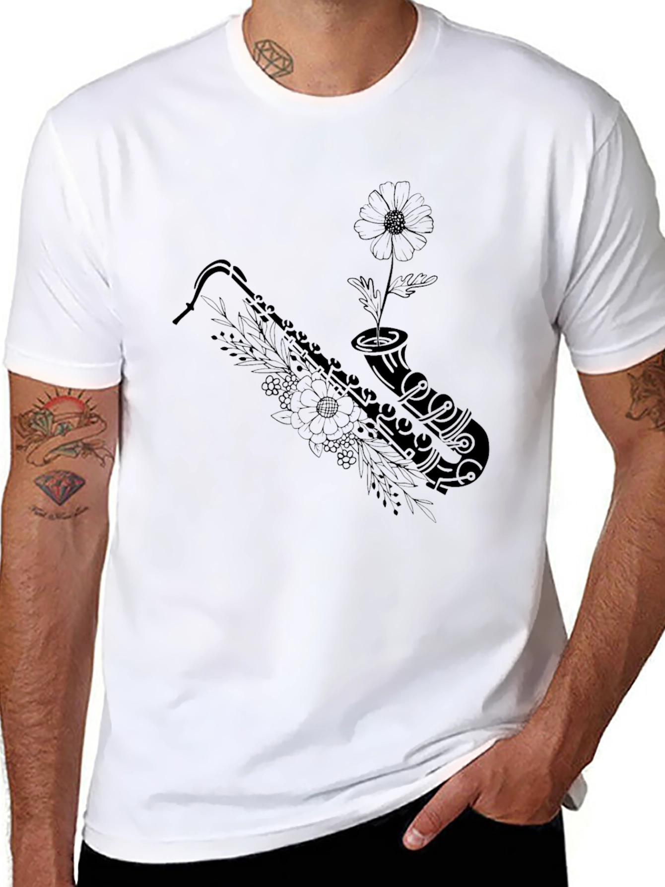 Saxophone Flower Graphic Tee - Black Casual Top
