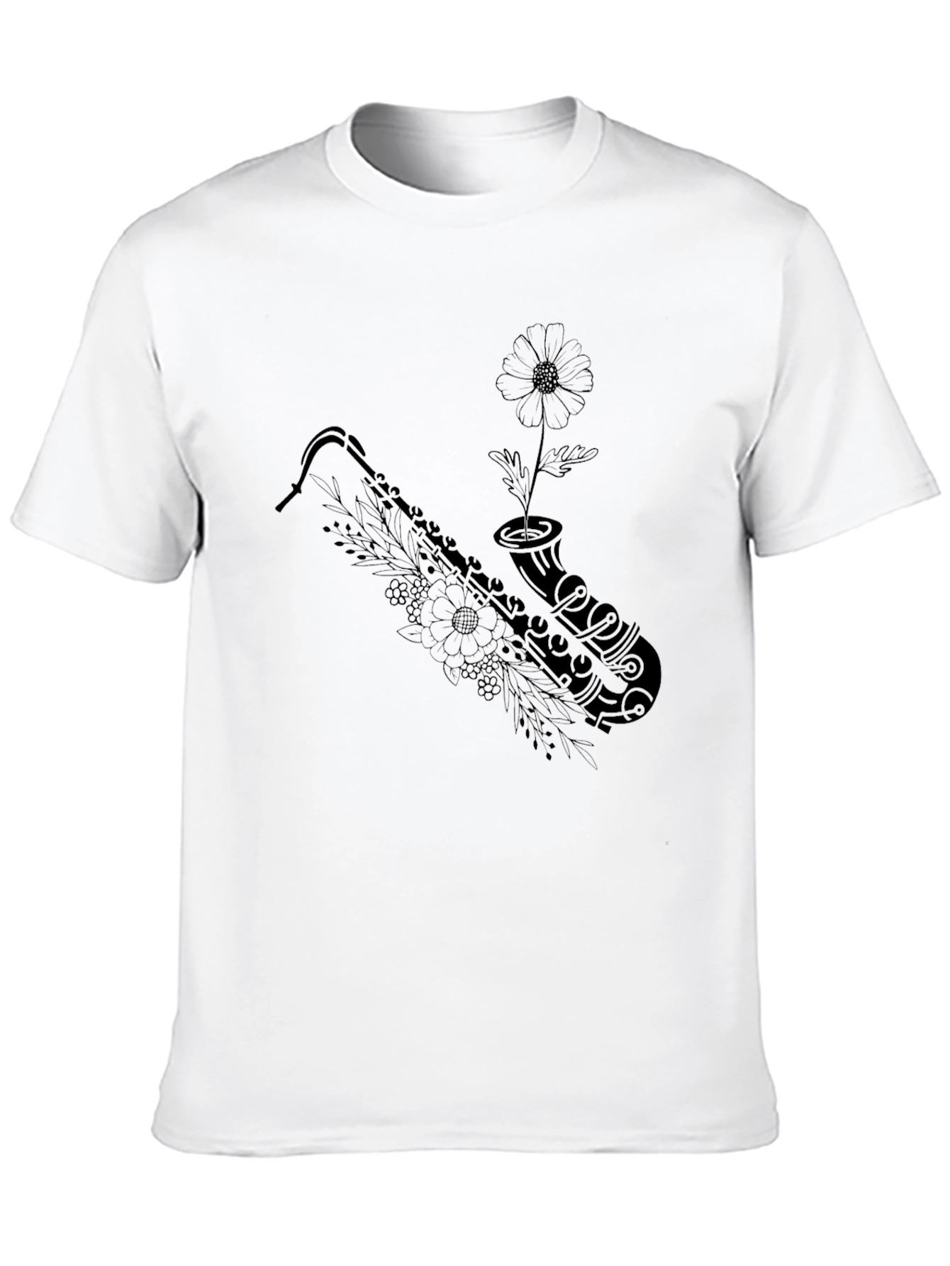 Saxophone Flower Graphic Tee - Black Casual Top