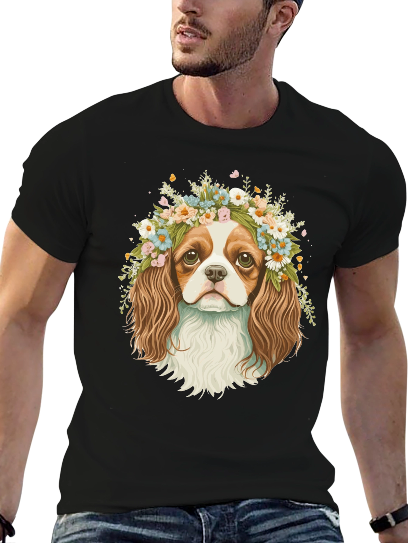Dog with Flower Crown Black T-Shirt
