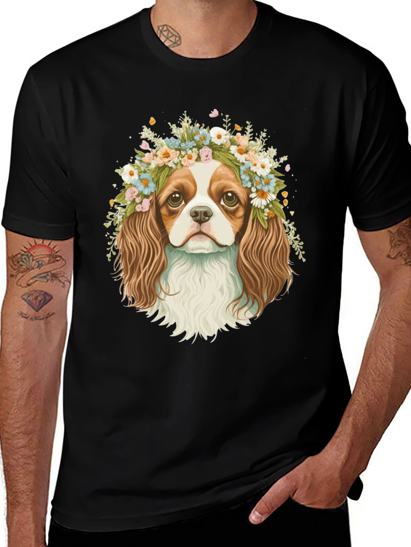 Dog with Flower Crown Black T-Shirt