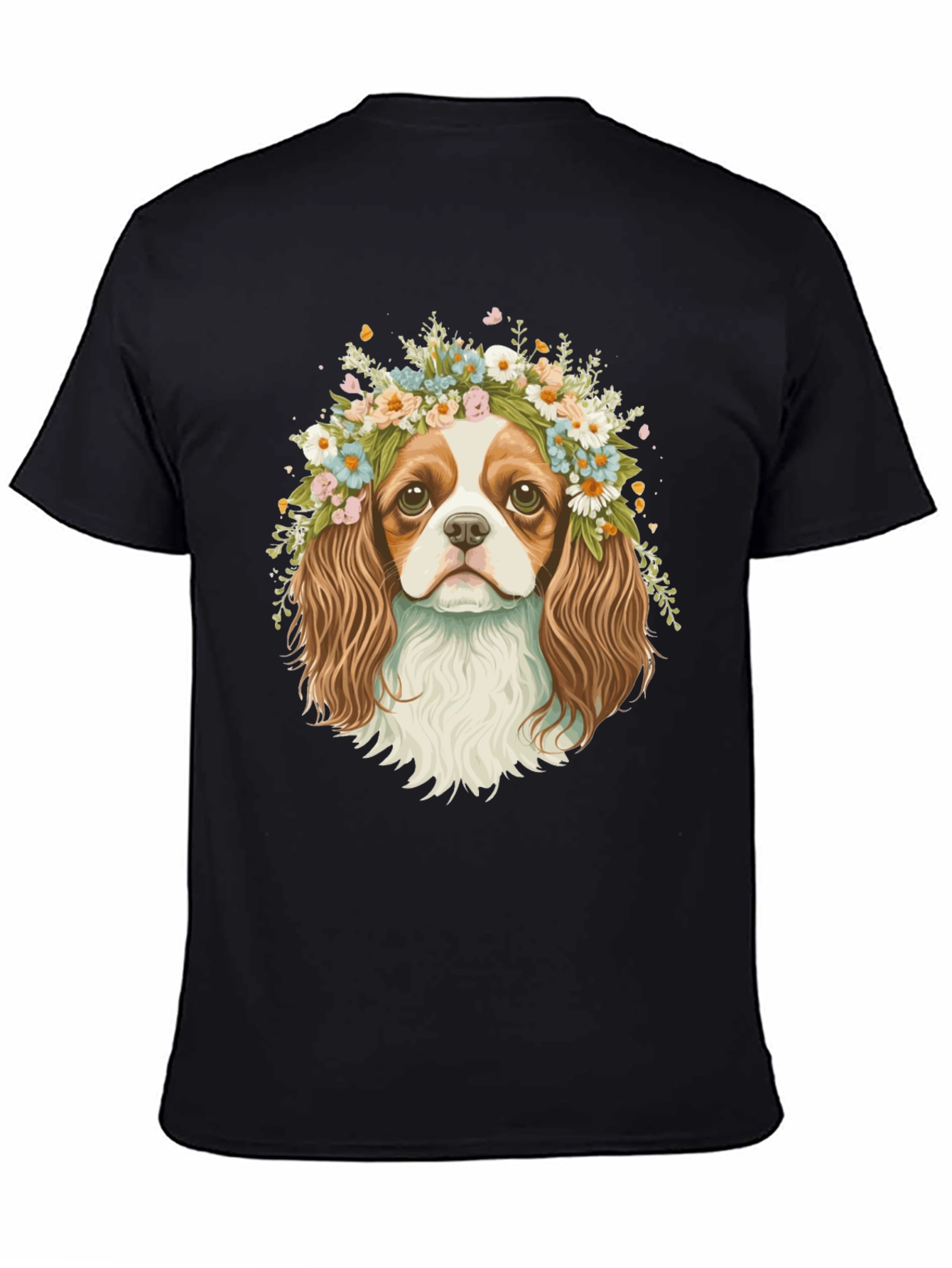 Dog with Flower Crown Black T-Shirt