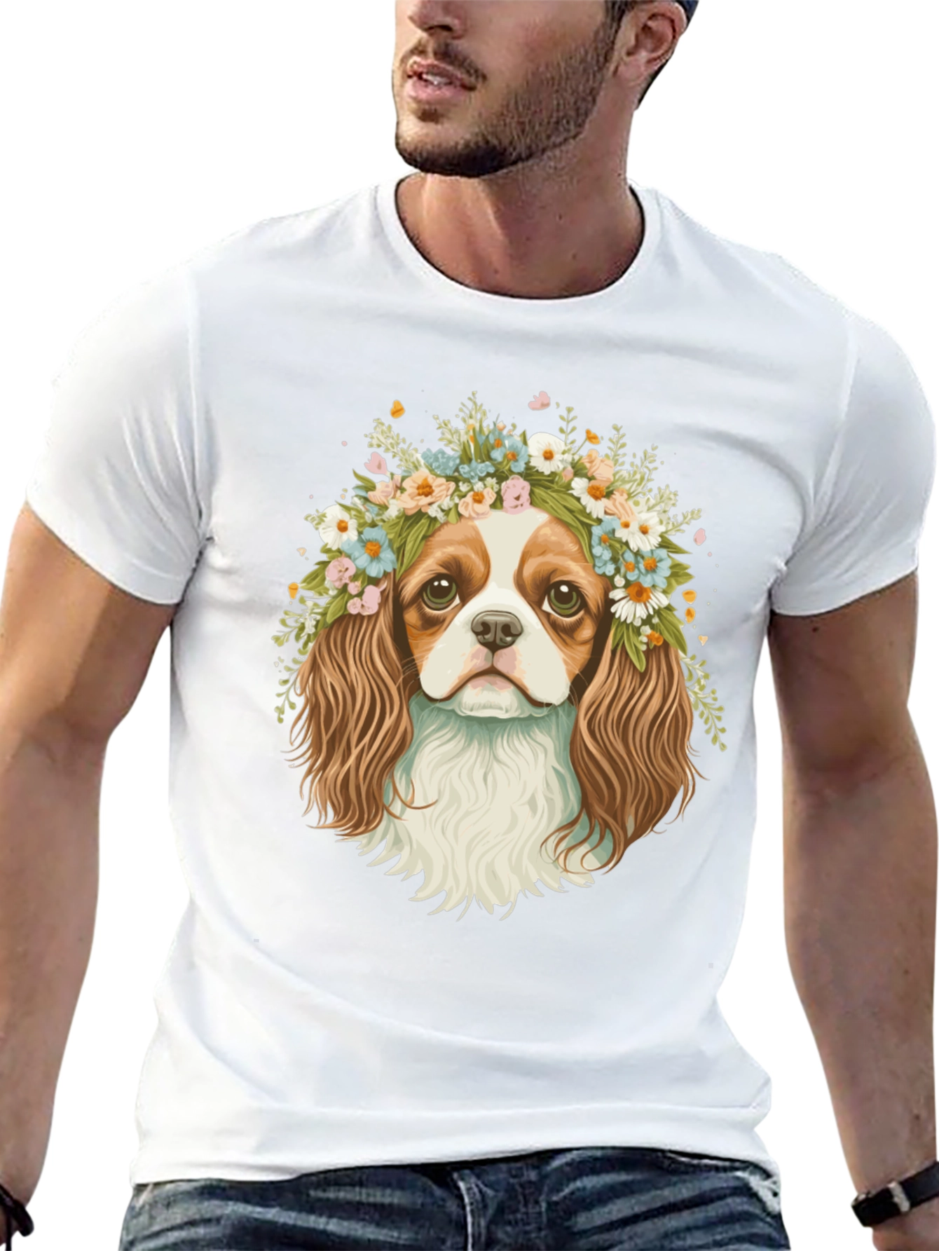 Dog with Flower Crown Black T-Shirt