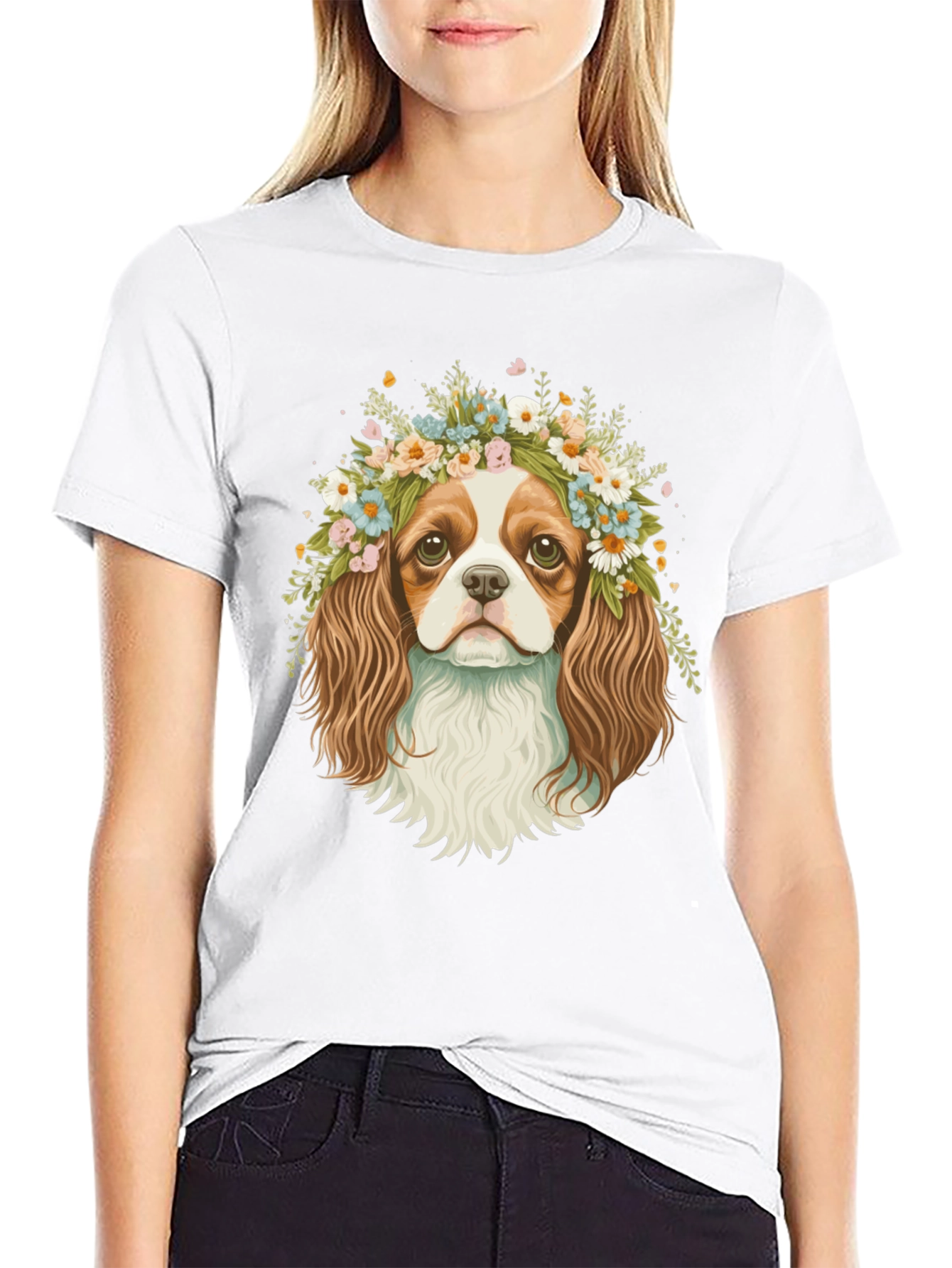 Dog with Flower Crown Black T-Shirt