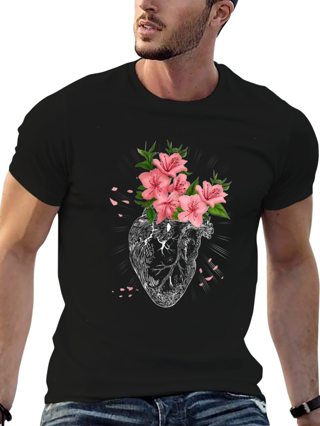 Floral Heart Graphic Tee - Black Cotton T-Shirt