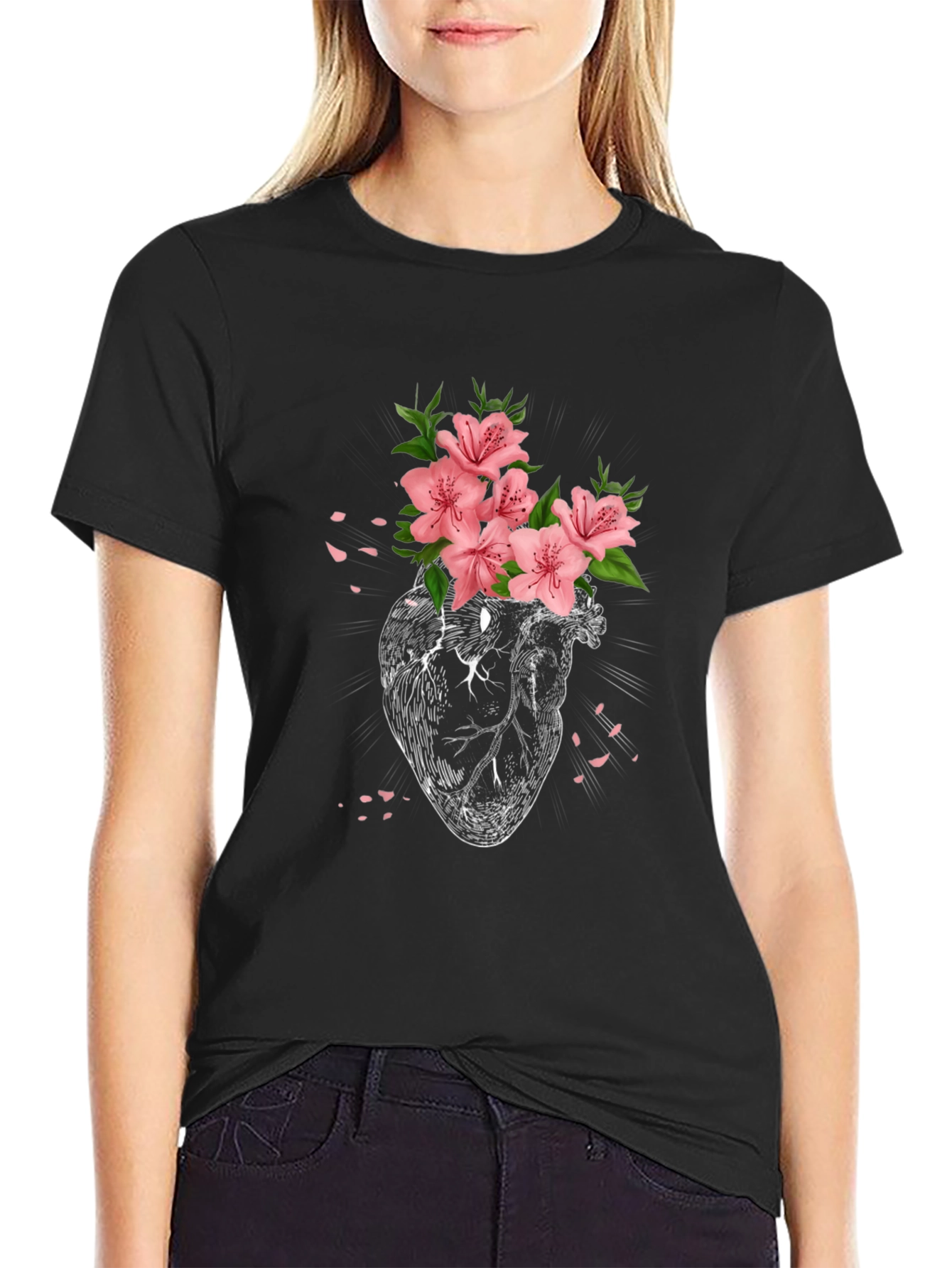 Floral Heart Graphic Tee - Black Cotton T-Shirt