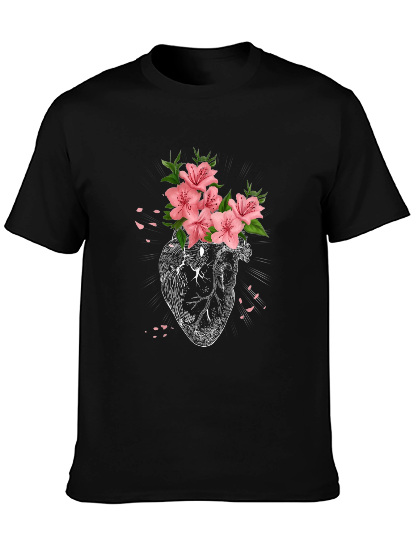 Floral Heart Graphic Tee - Black Cotton T-Shirt