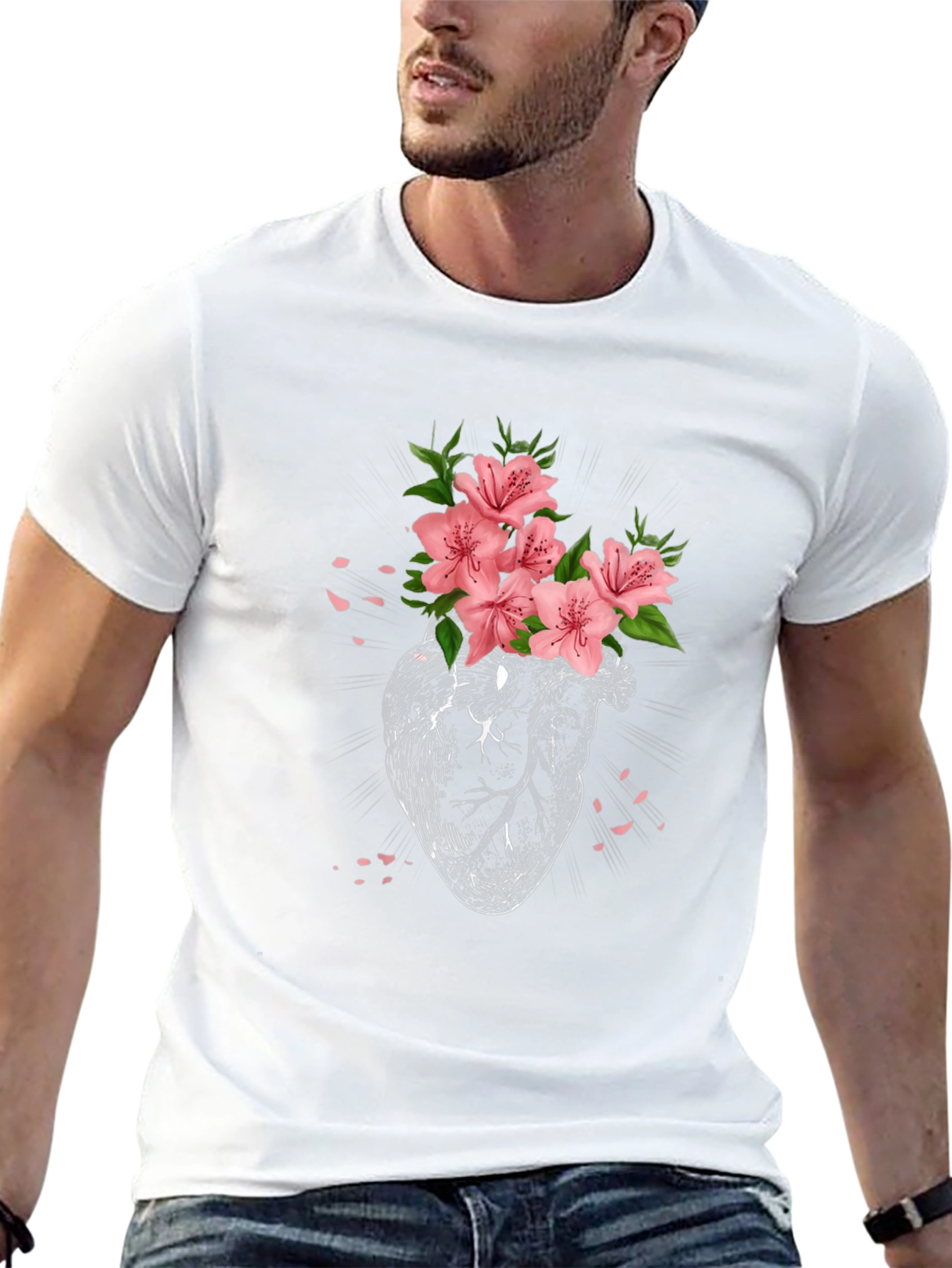 Floral Heart Graphic Tee - Black Cotton T-Shirt