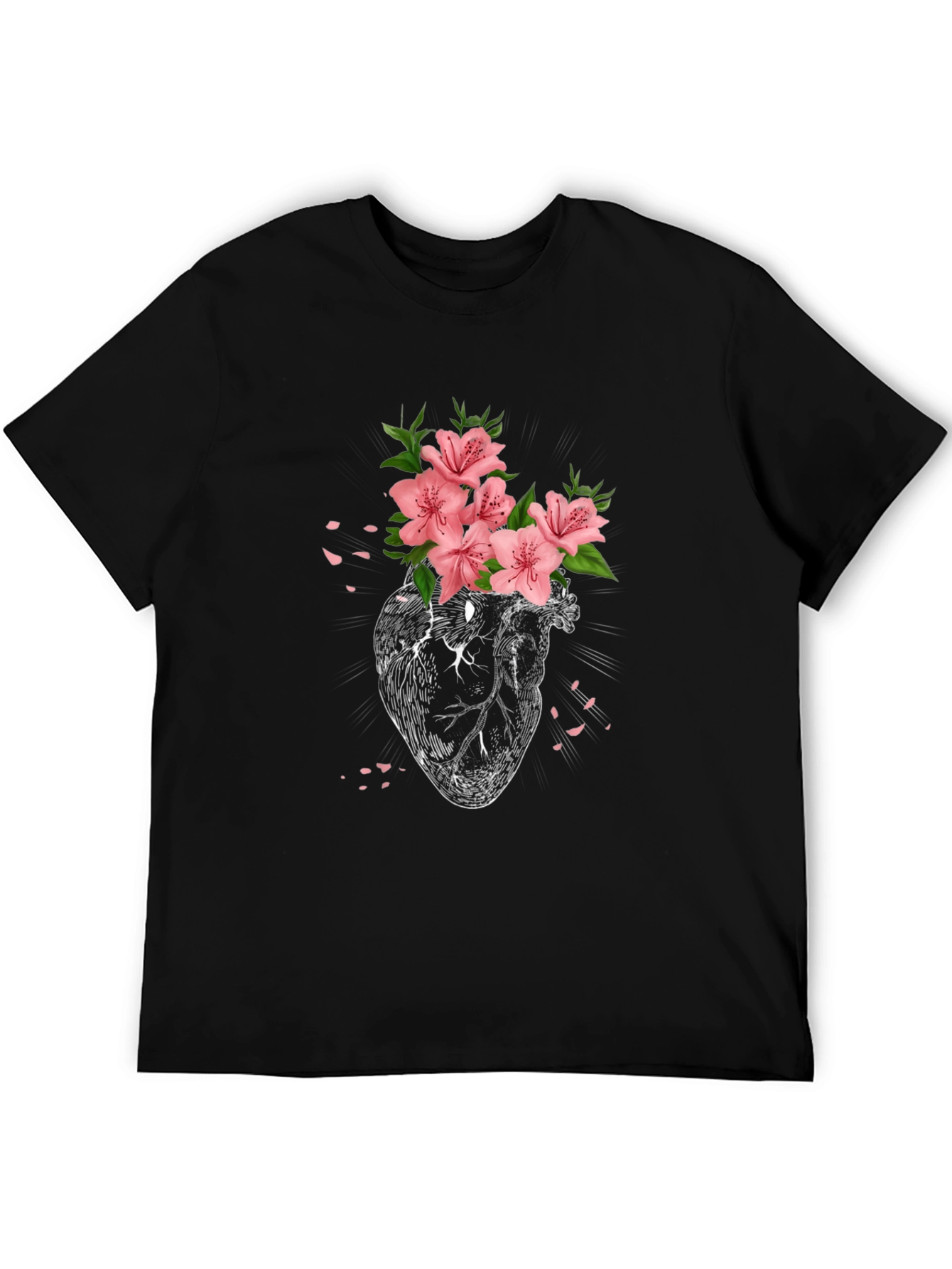 Floral Heart Graphic Tee - Black Cotton T-Shirt