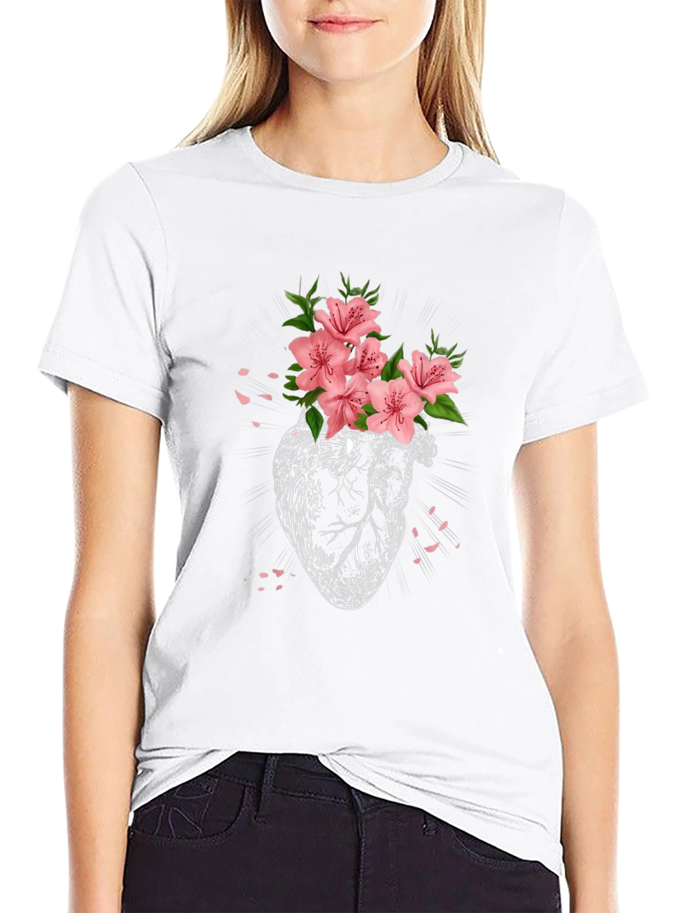 Floral Heart Graphic Tee - Black Cotton T-Shirt