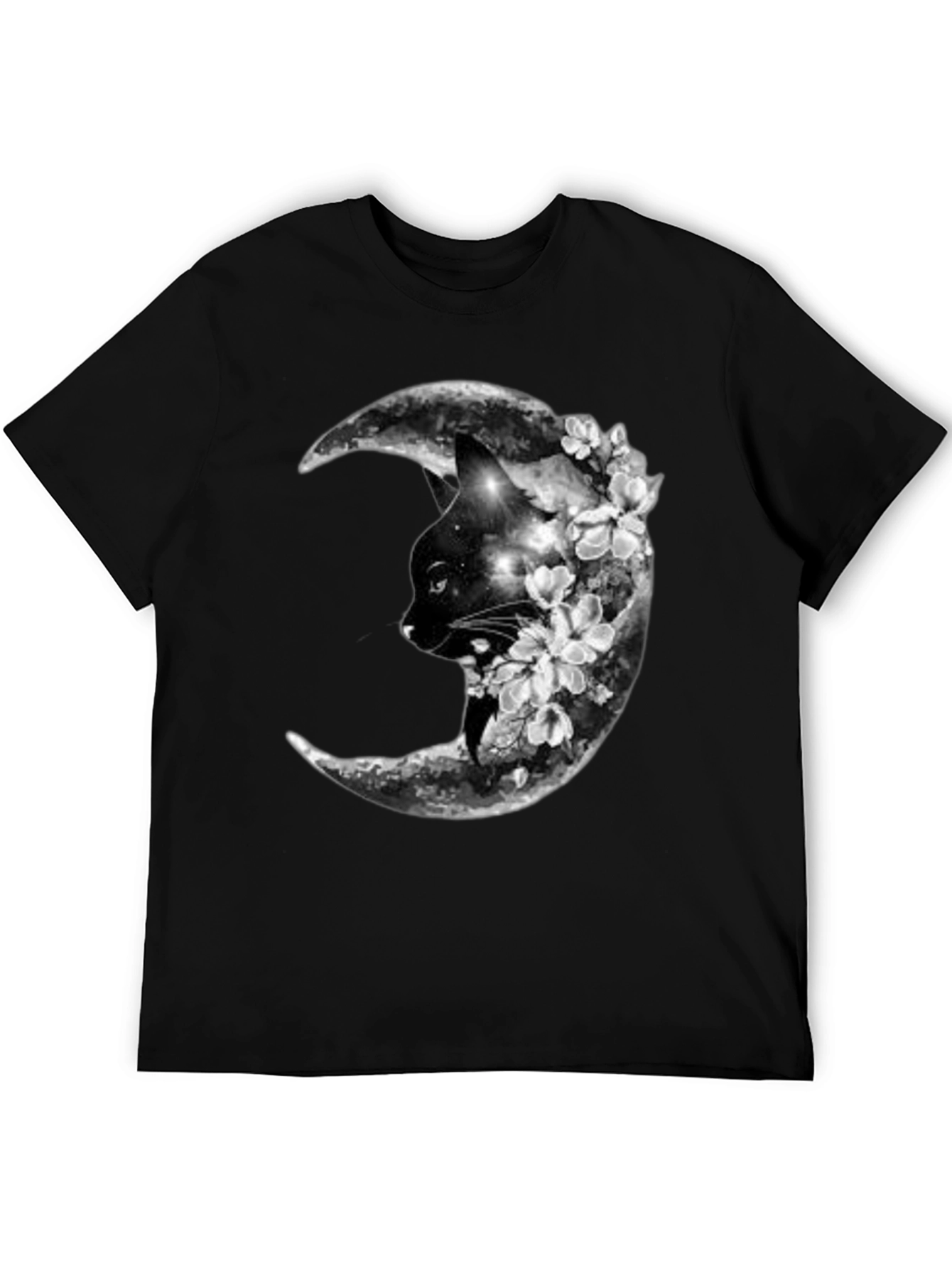 Cat Moon Floral Black T-Shirt