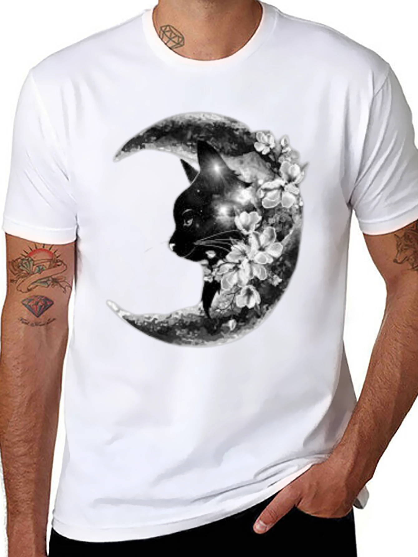 Cat Moon Floral Black T-Shirt