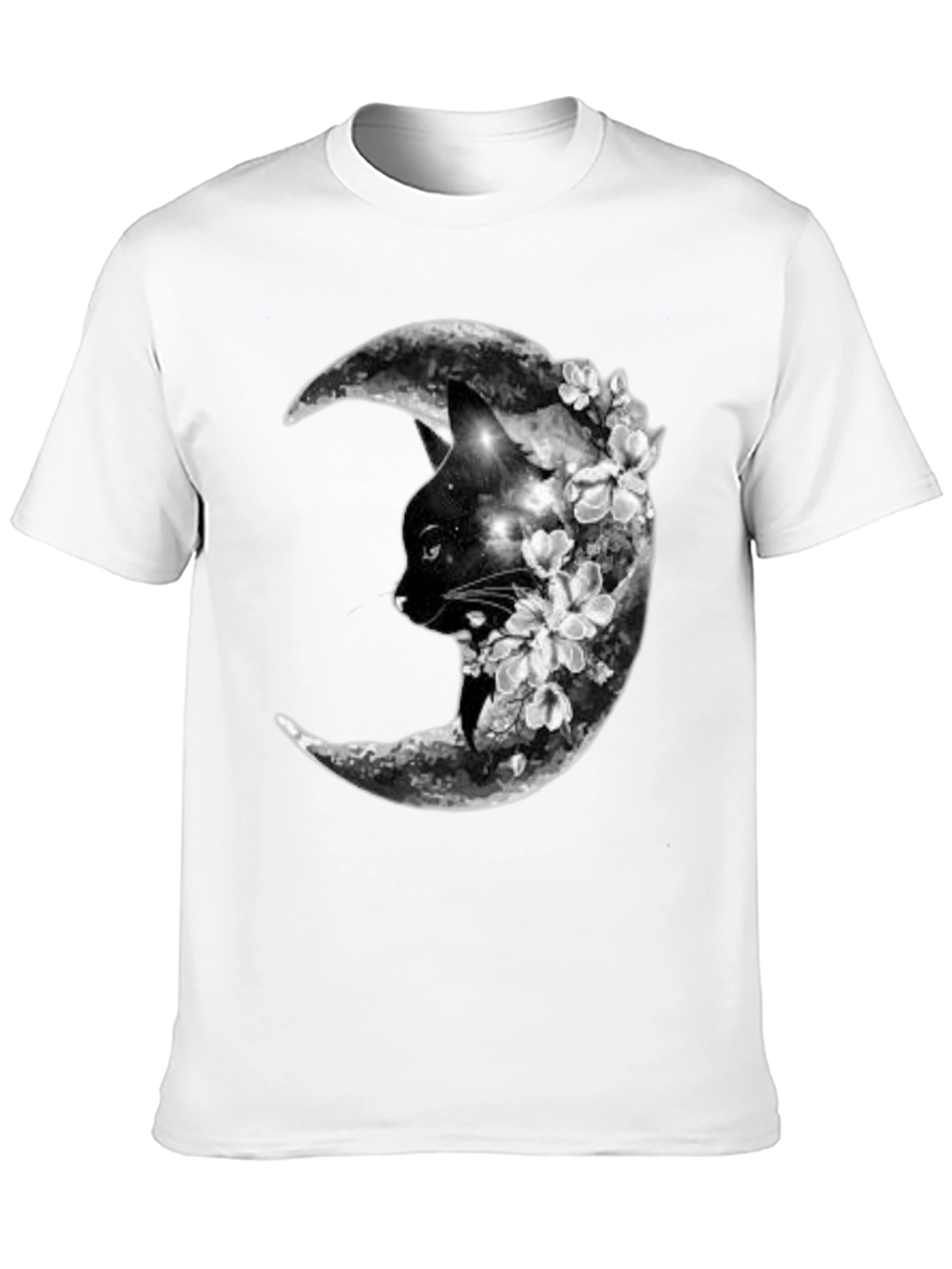 Cat Moon Floral Black T-Shirt
