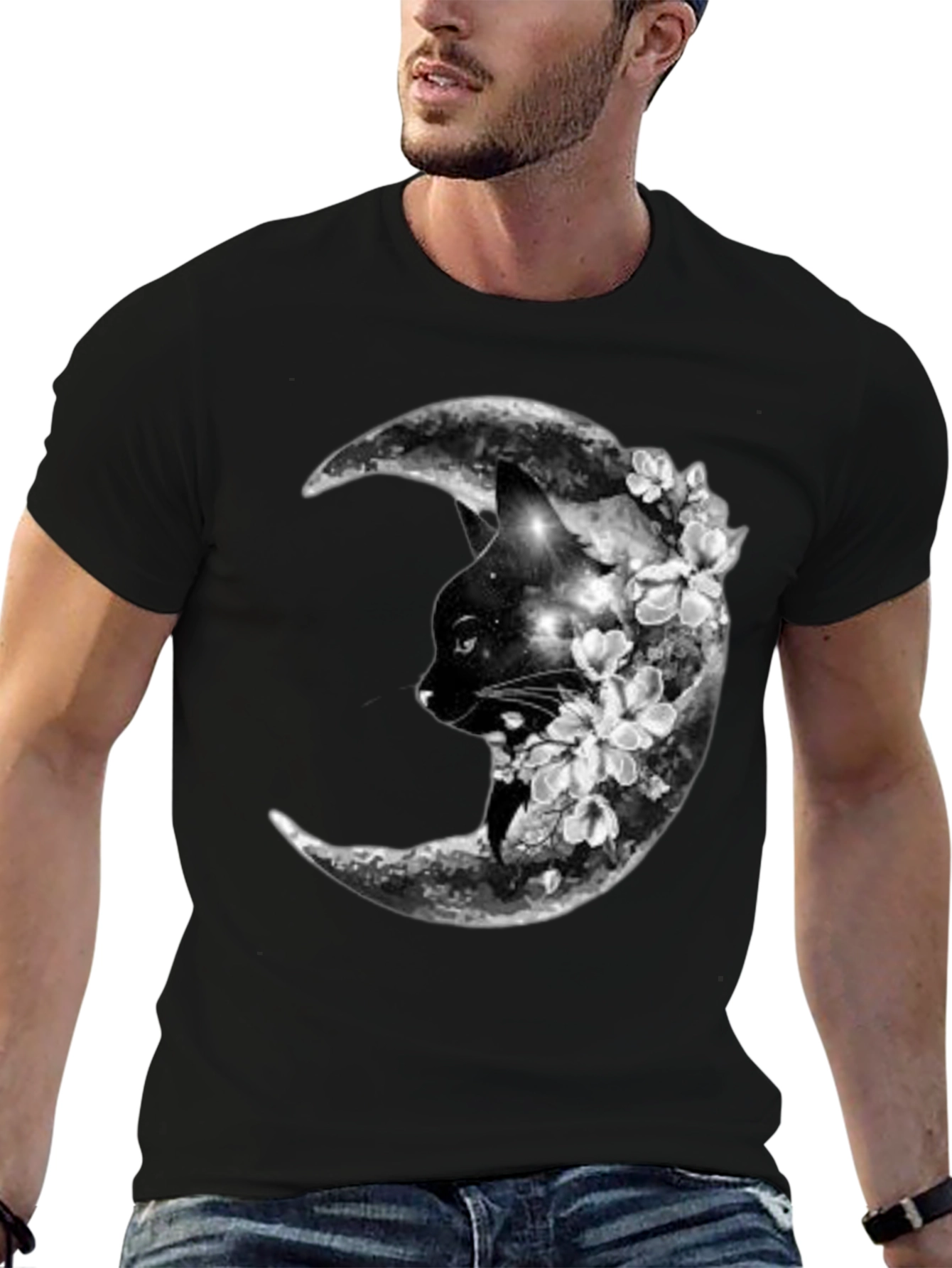 Cat Moon Floral Black T-Shirt