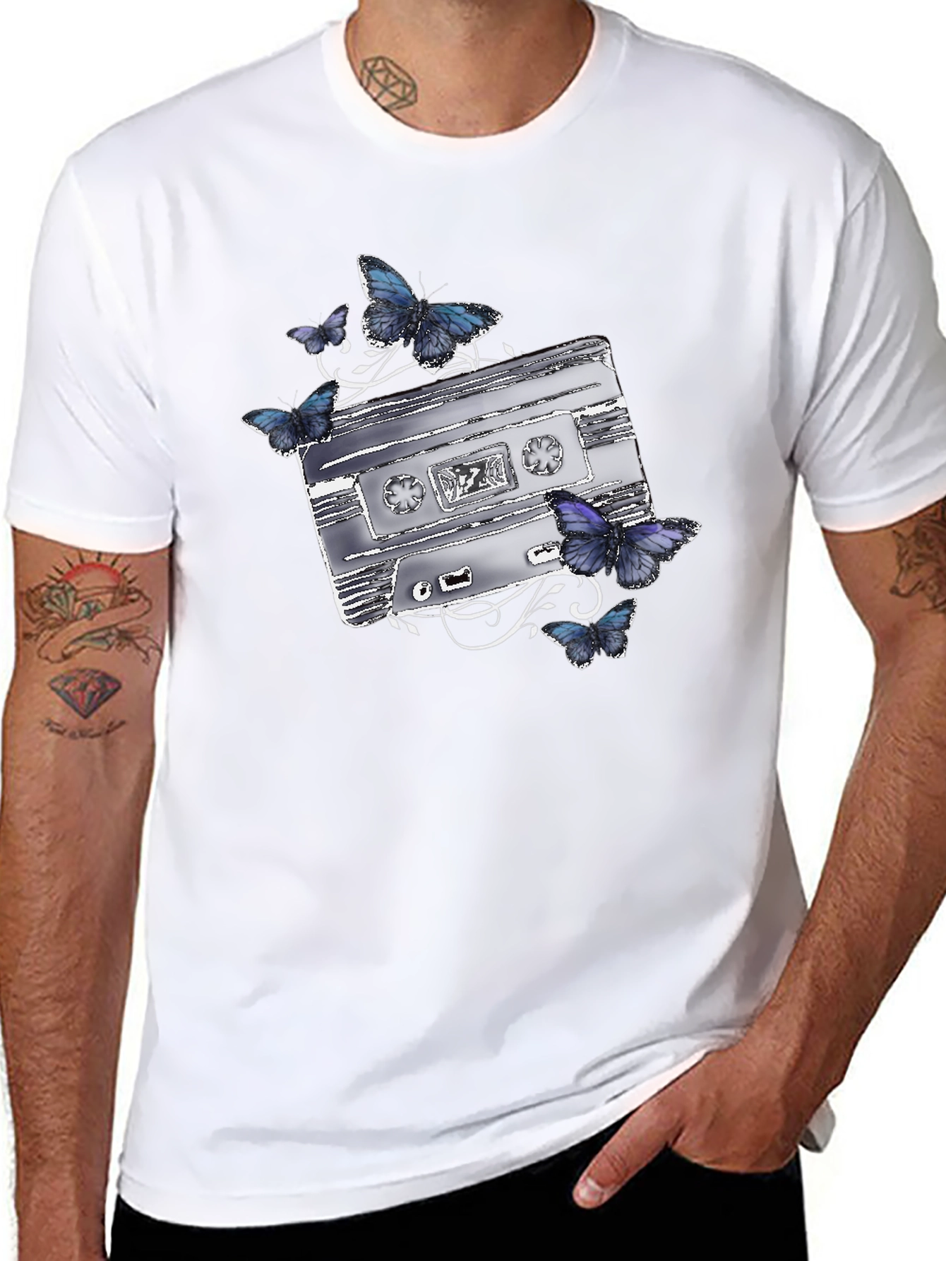 Retro Cassette & Butterfly Graphic T-Shirt