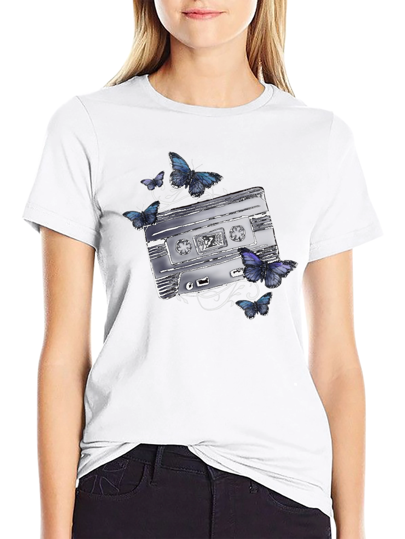 Retro Cassette & Butterfly Graphic T-Shirt