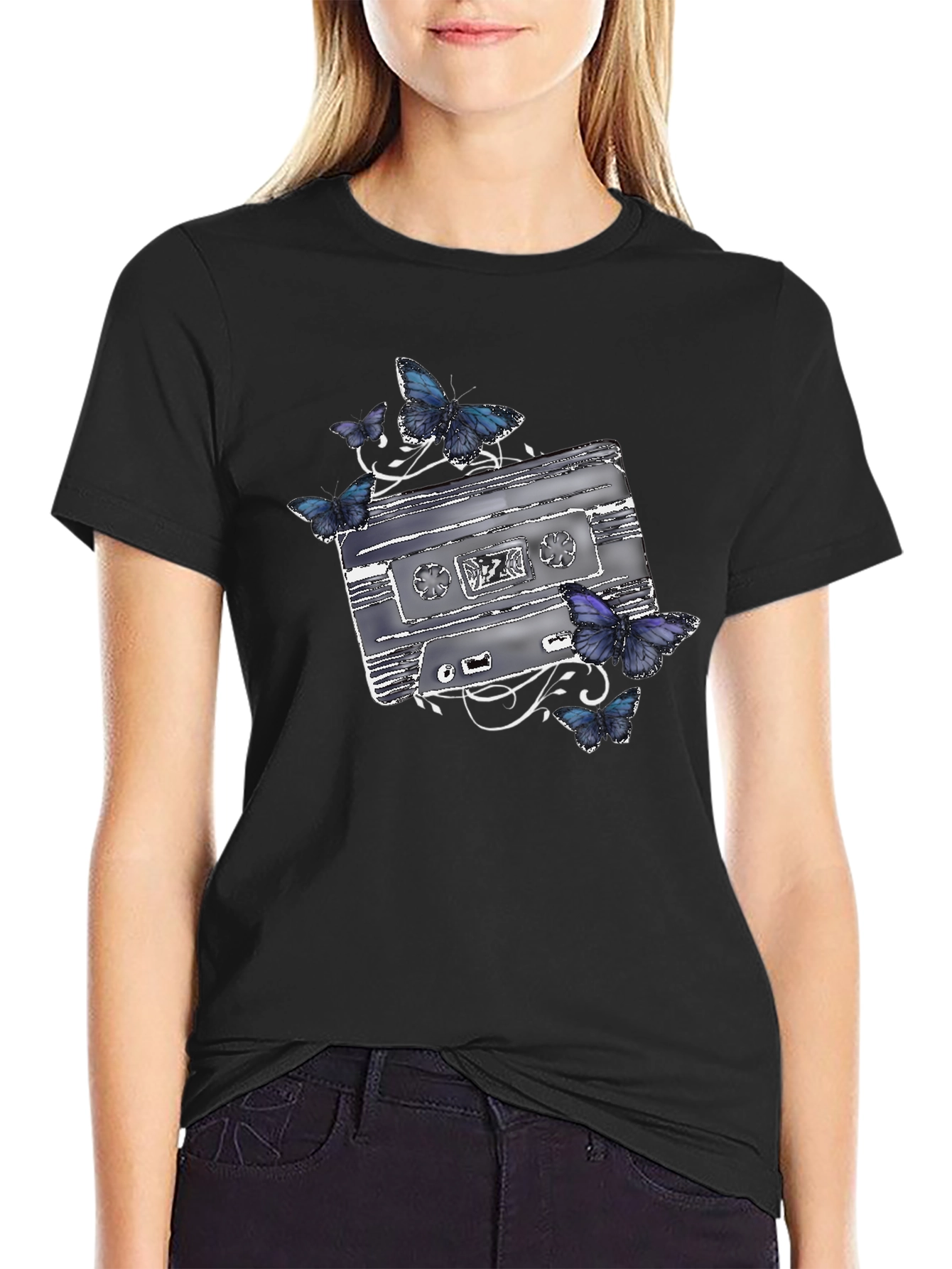 Retro Cassette & Butterfly Graphic T-Shirt
