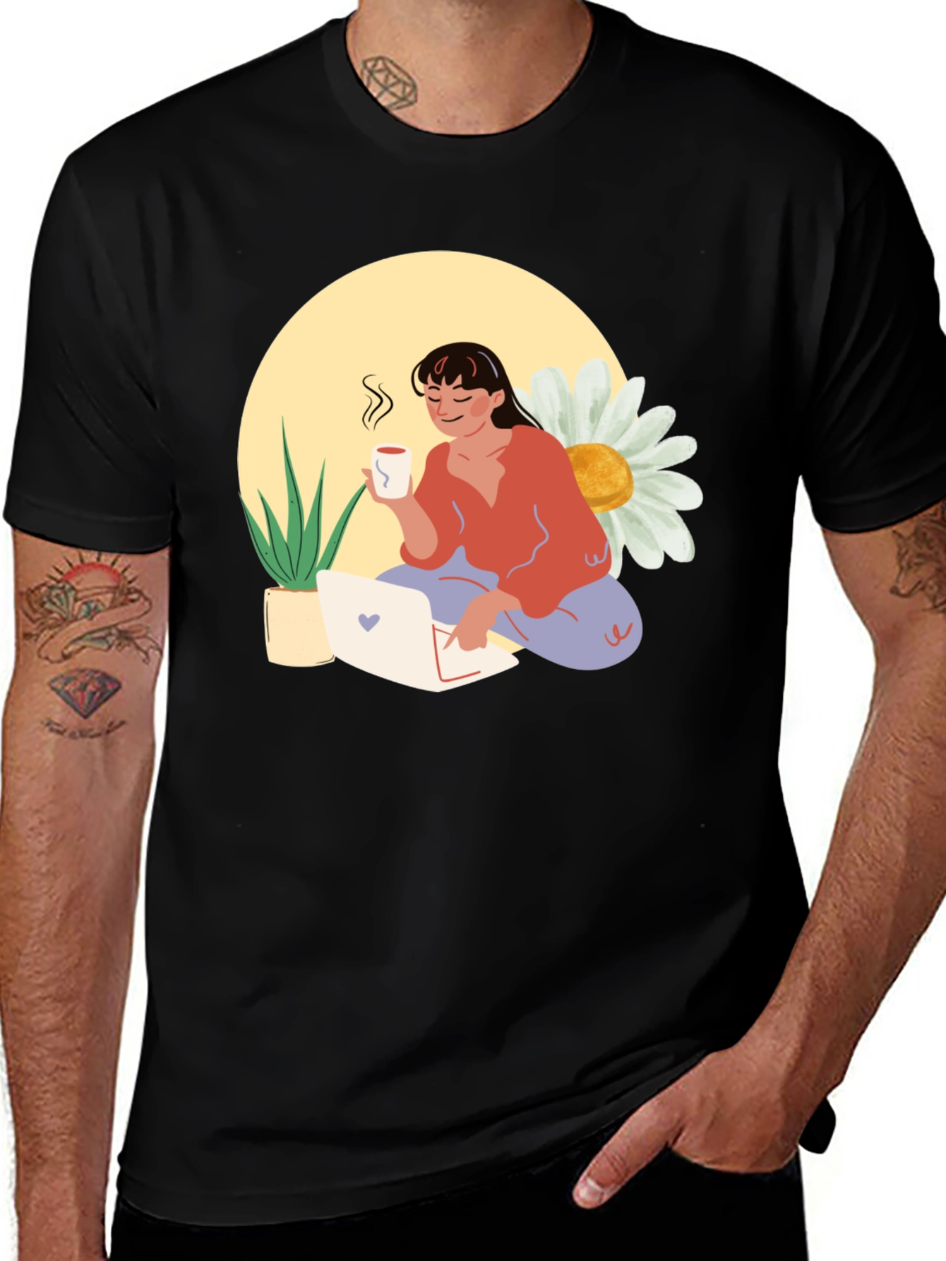 Woman with Coffee Graphic Tee - Black