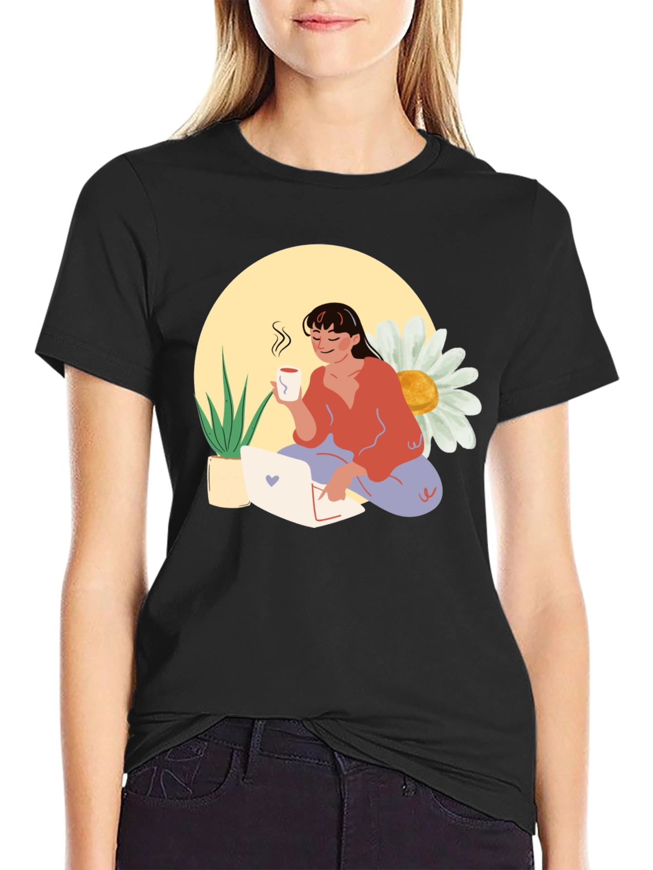 Woman with Coffee Graphic Tee - Black