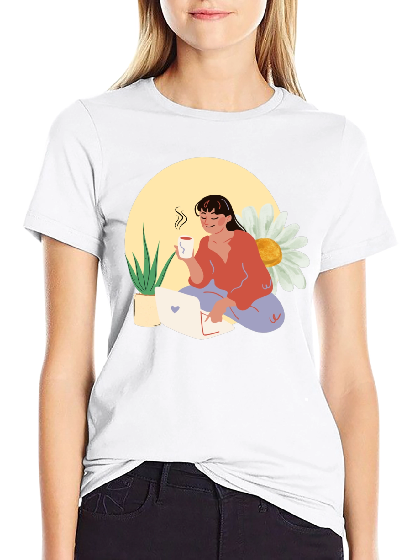 Woman with Coffee Graphic Tee - Black