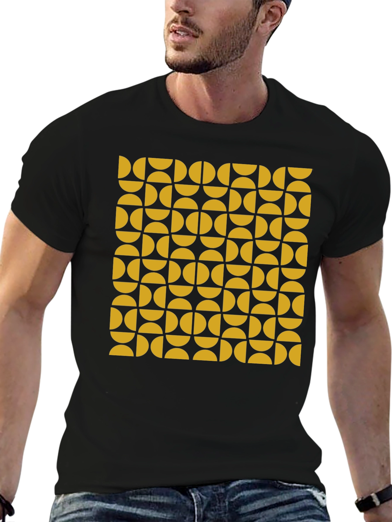 Retro Geometric Pattern Tee - Mustard & Black