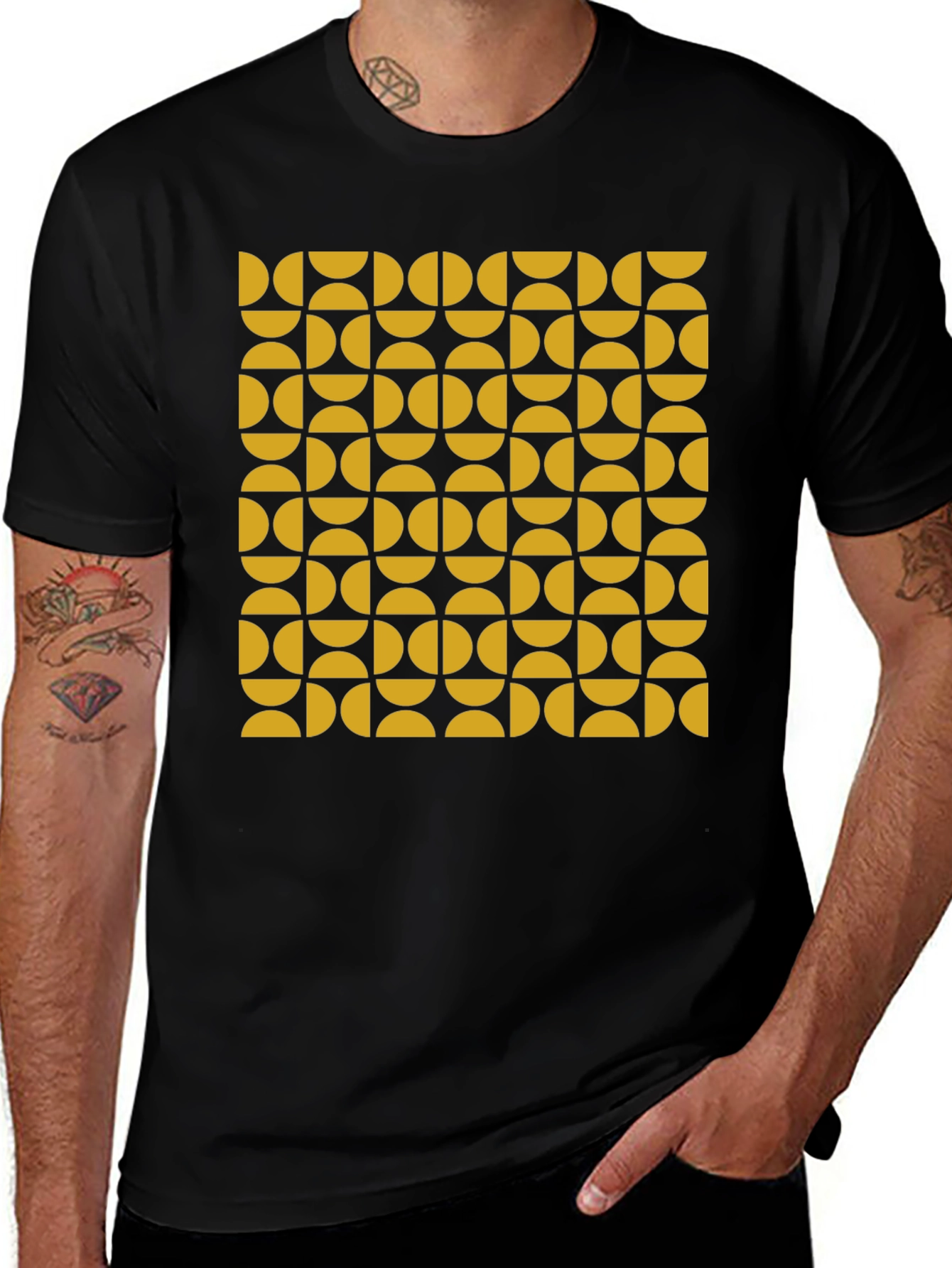Retro Geometric Pattern Tee - Mustard & Black