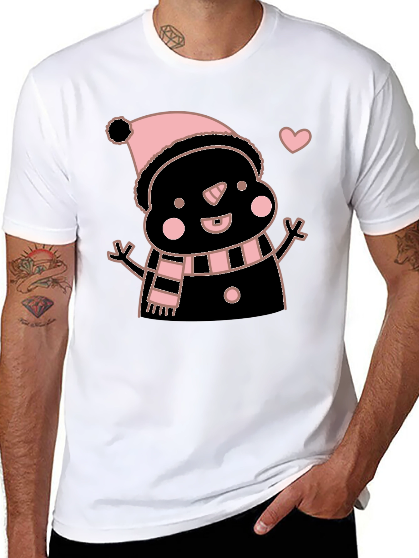 Cute Snowman Graphic Tee - Black Cotton Blend