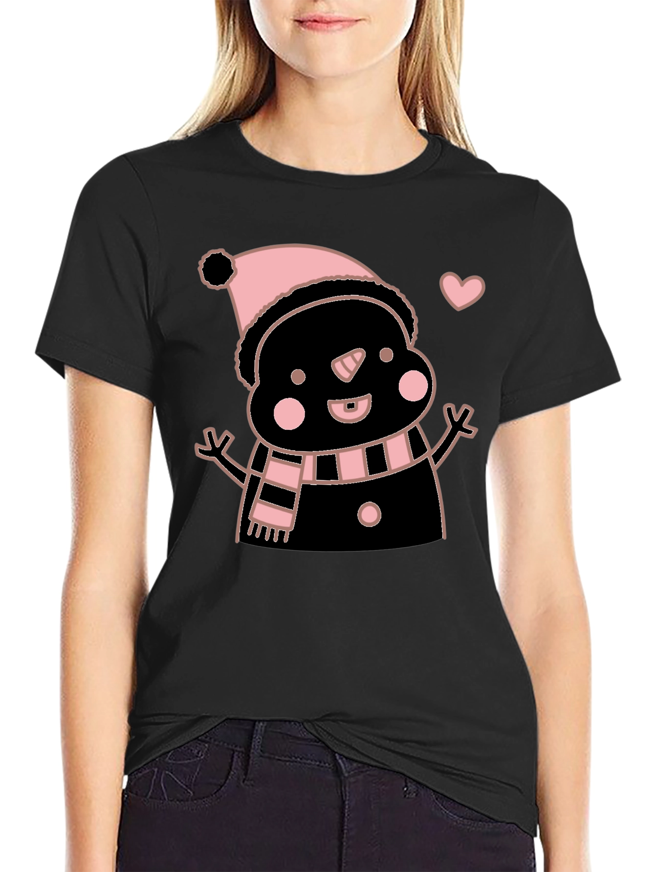 Cute Snowman Graphic Tee - Black Cotton Blend