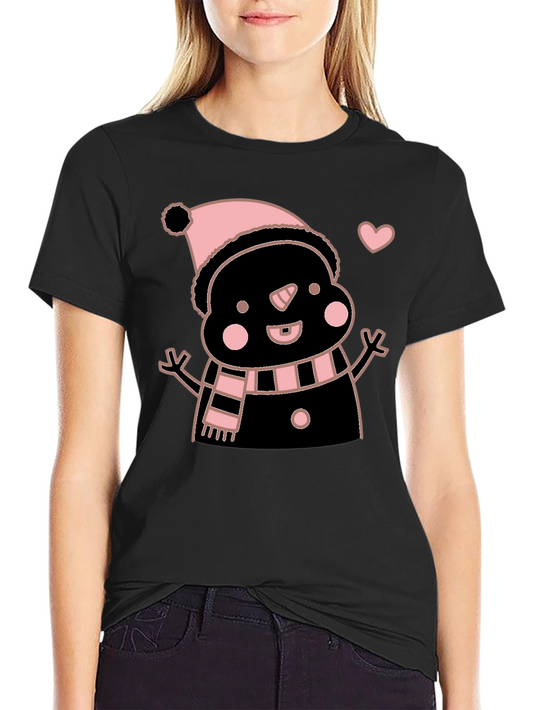 Cute Snowman Graphic Tee - Black Cotton Blend