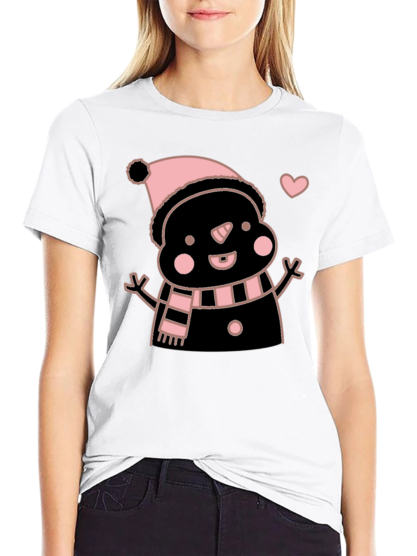 Cute Snowman Graphic Tee - Black Cotton Blend