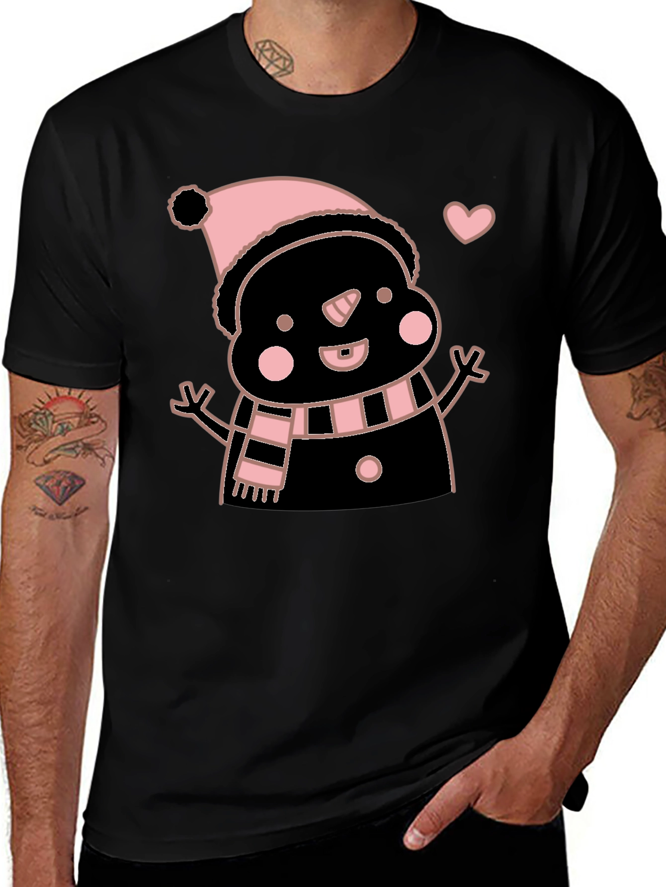 Cute Snowman Graphic Tee - Black Cotton Blend