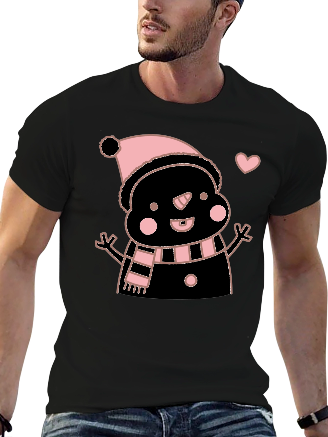 Cute Snowman Graphic Tee - Black Cotton Blend