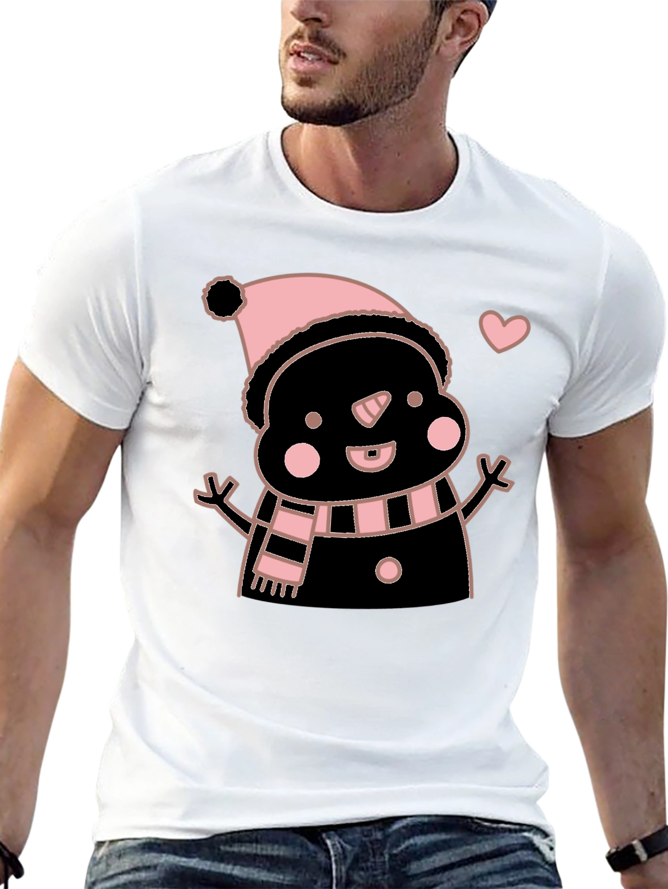 Cute Snowman Graphic Tee - Black Cotton Blend