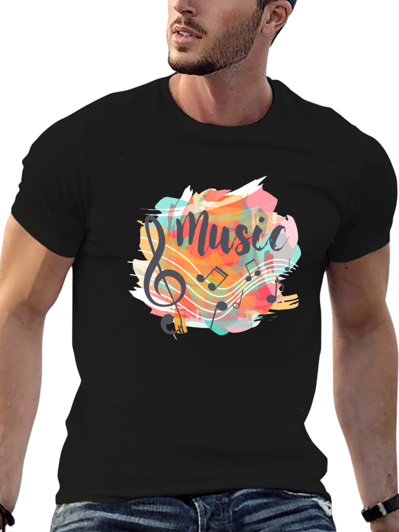 Musical Notes Graphic Tee - Black Cotton T-Shirt
