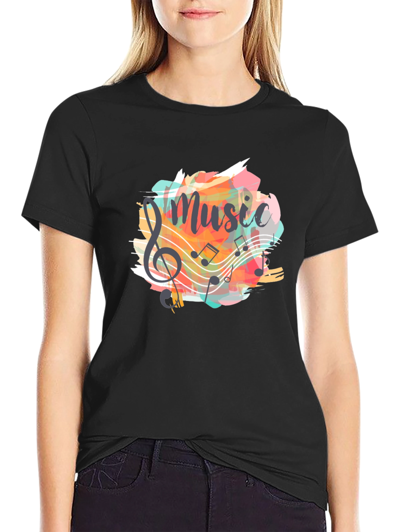 Musical Notes Graphic Tee - Black Cotton T-Shirt