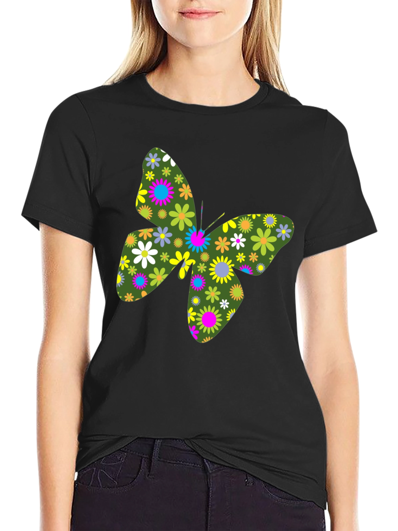 Floral Butterfly Black T-Shirt