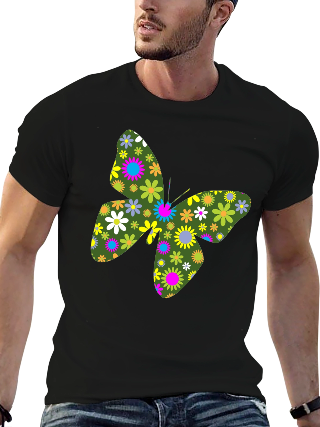 Floral Butterfly Black T-Shirt