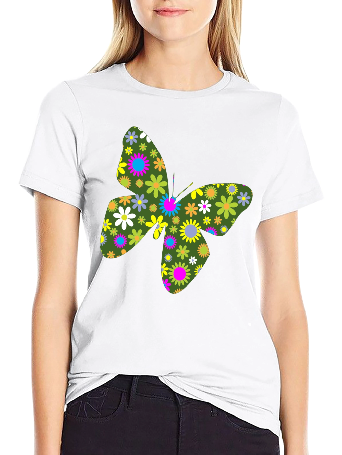 Floral Butterfly Black T-Shirt