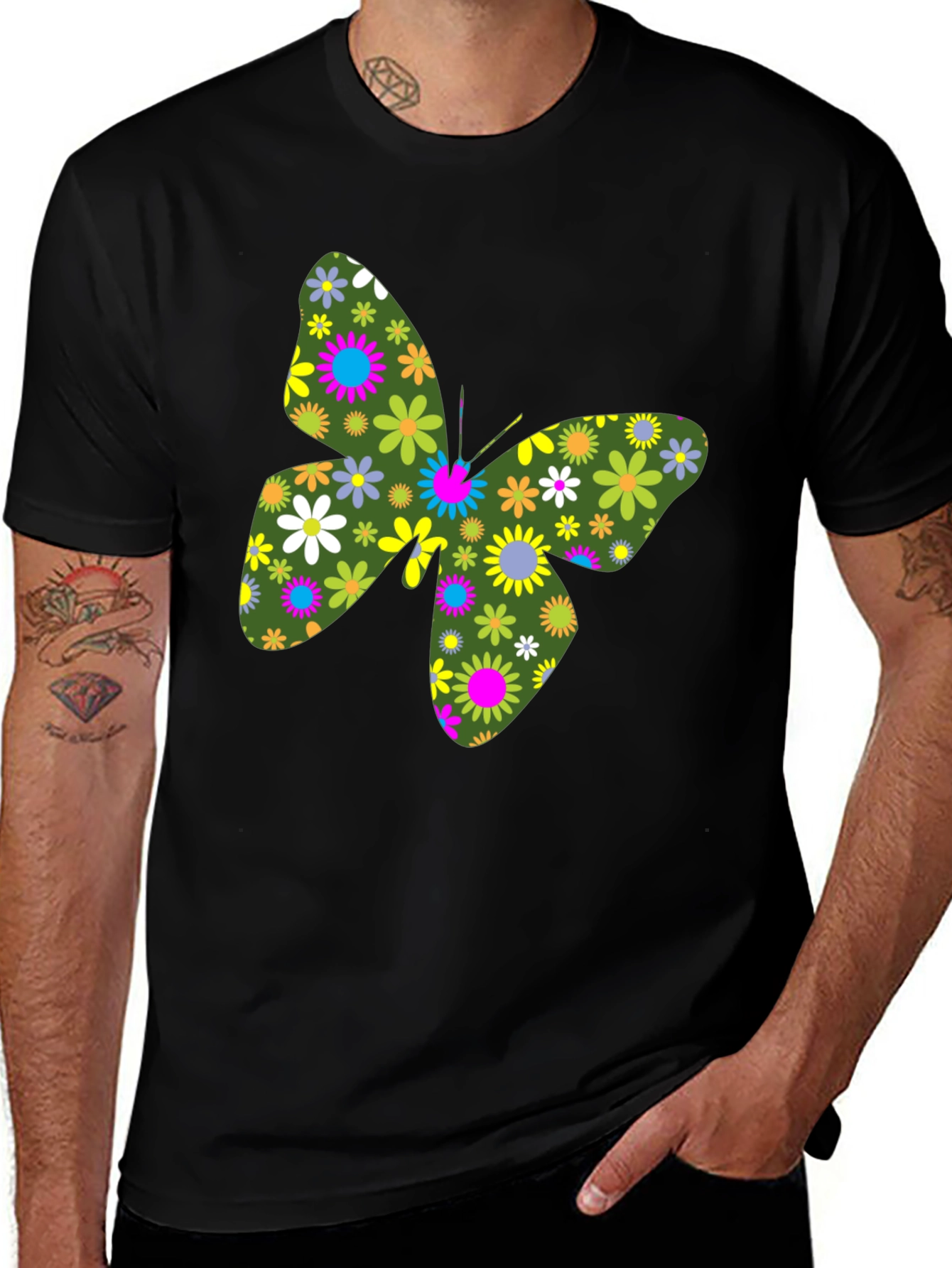 Floral Butterfly Black T-Shirt