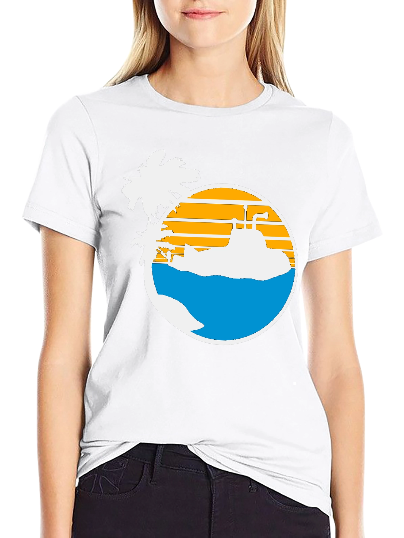 Retro Submarine & Palm Tree Graphic T-Shirt
