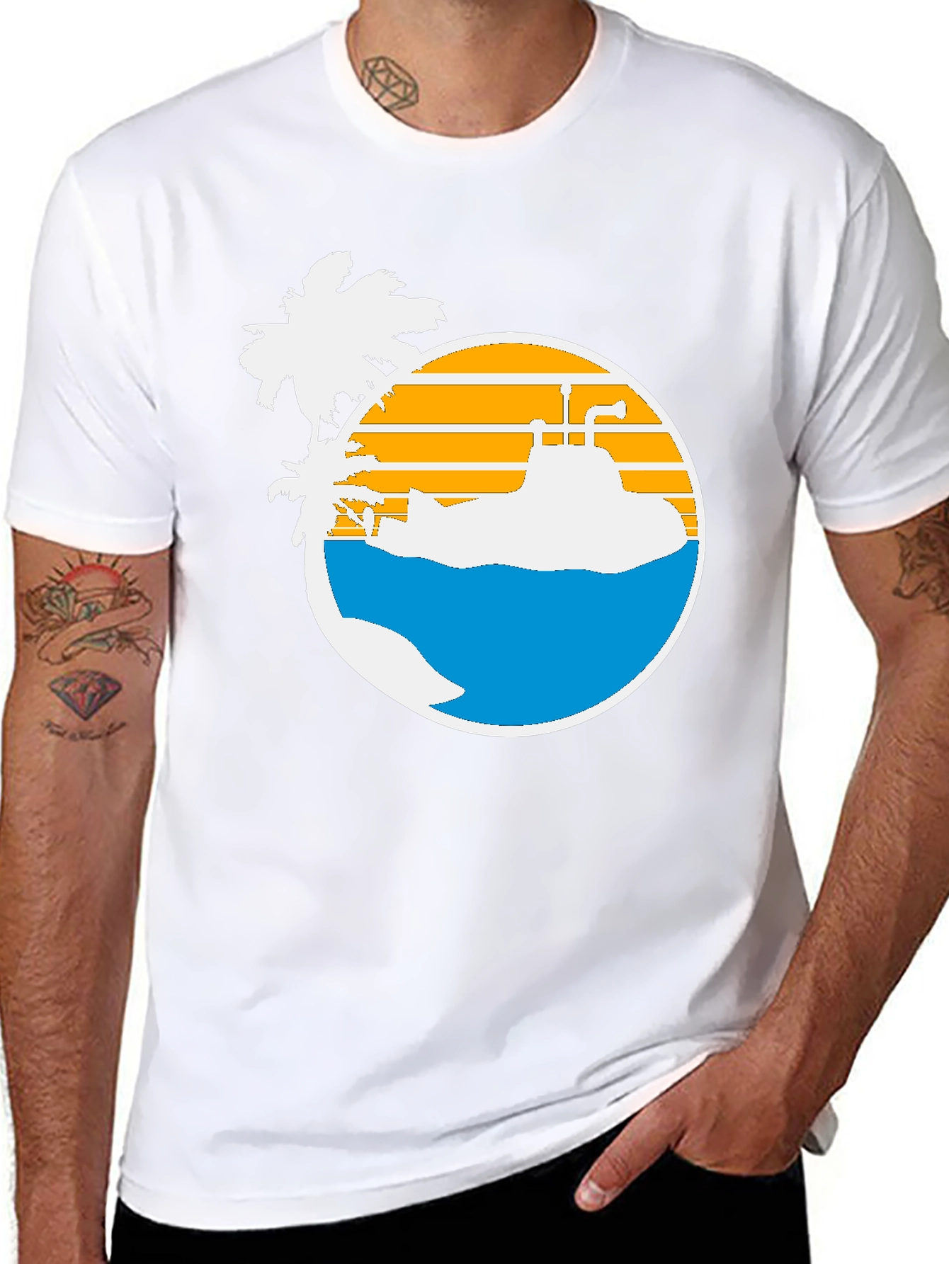 Retro Submarine & Palm Tree Graphic T-Shirt