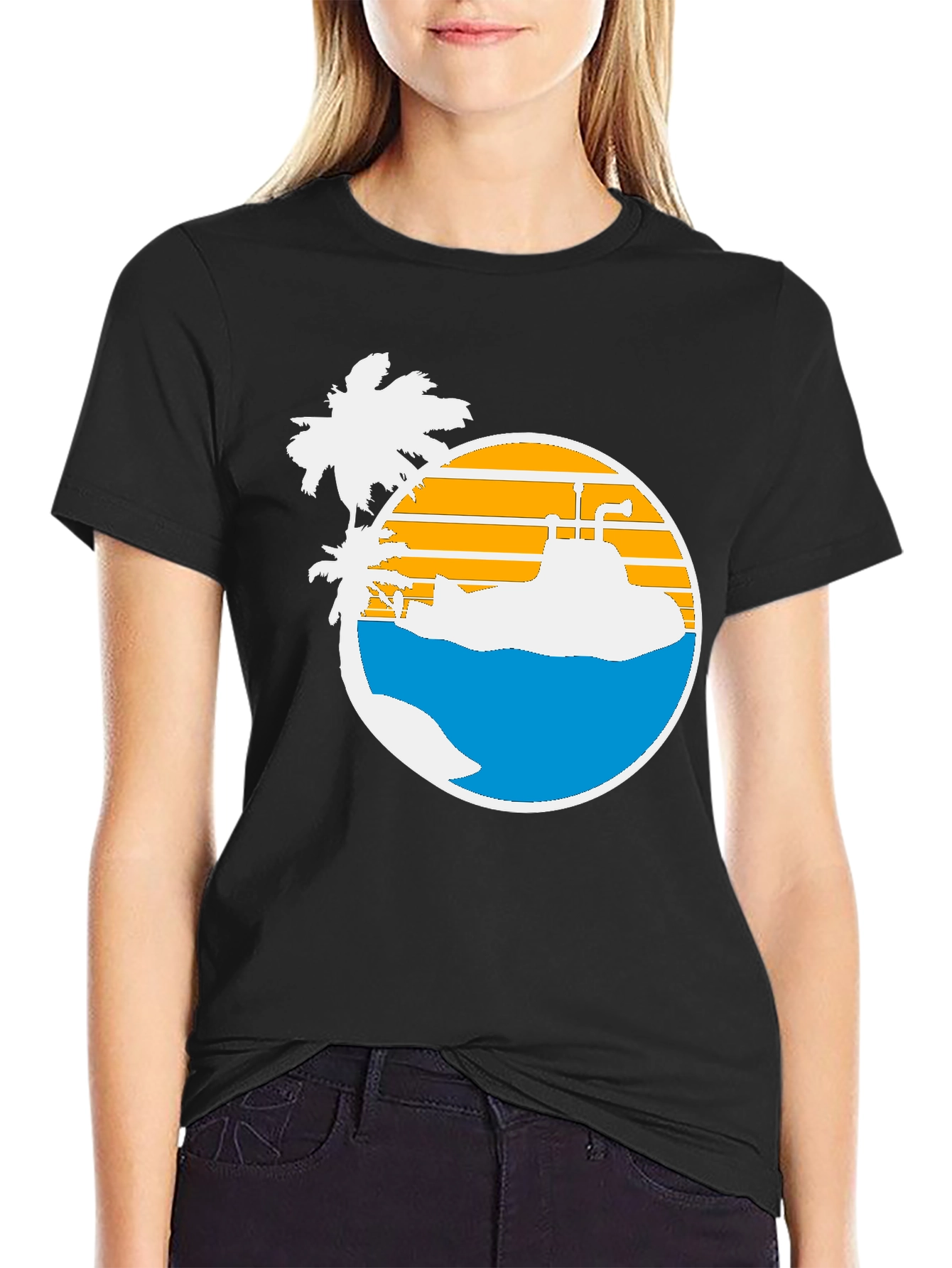 Retro Submarine & Palm Tree Graphic T-Shirt