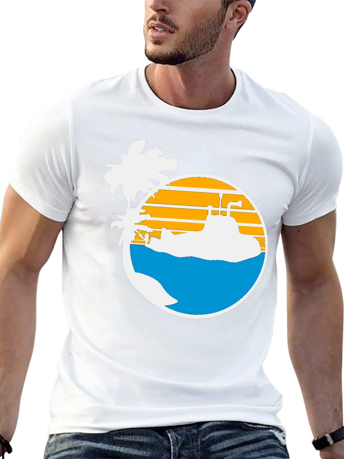 Retro Submarine & Palm Tree Graphic T-Shirt